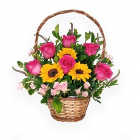 Dúo Radiante: Girasoles & Rosas Fucsia